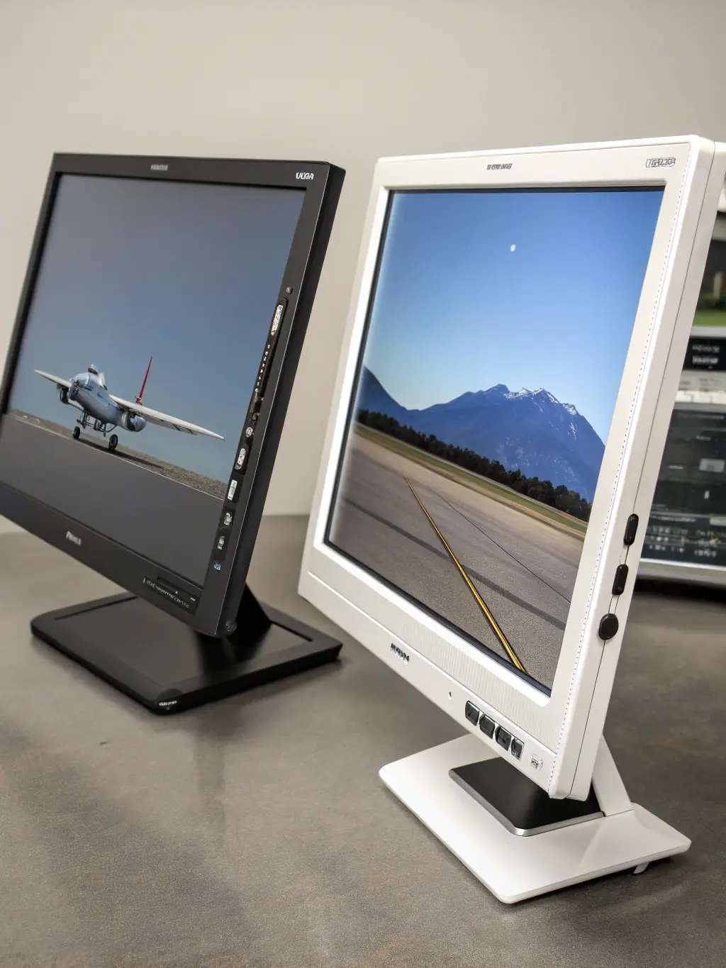 A side-by-side comparison of a traditional aircraft monitor and an Arincboard Light Hard monitor, highlighting the latter's lightweight design and slim profile, which reduces aircraft weight and fuel consumption.