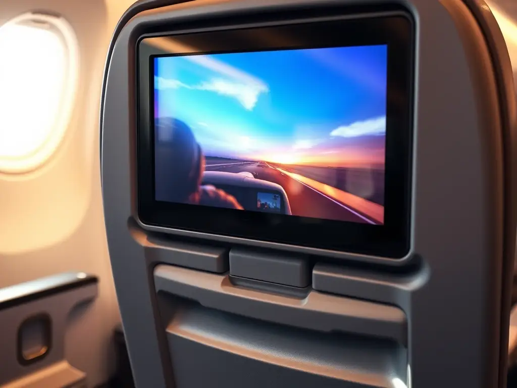 A high-resolution display showcasing the clarity and vibrant colors of an Arincboard monitor powered by Chinese technology. The display is integrated into an aircraft seat, providing an immersive entertainment experience for passengers.