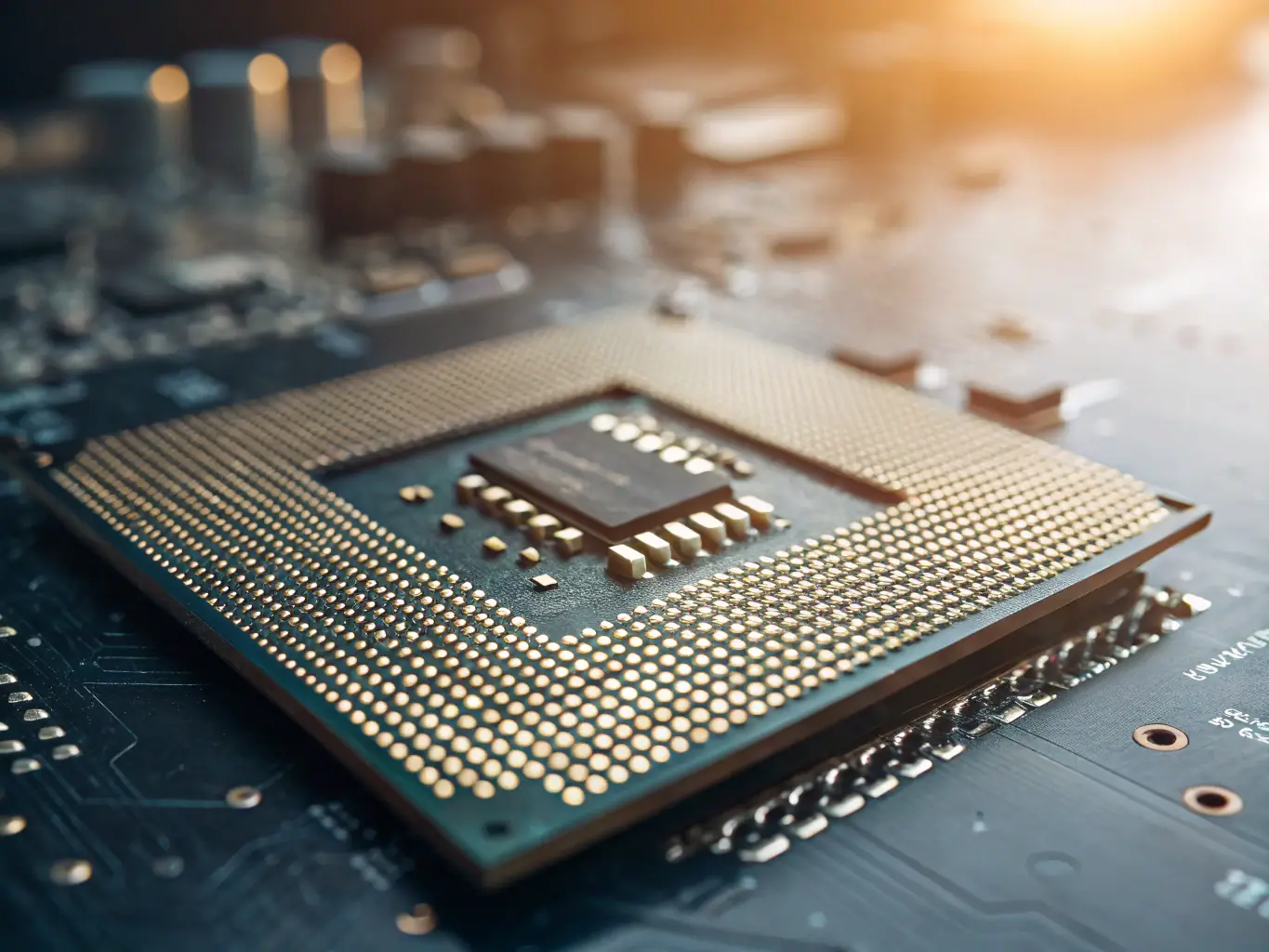A close-up shot of a Chinese-made microchip designed for aviation applications, highlighting its intricate circuitry and compact design. The chip is set against a backdrop of an aircraft interior, emphasizing its role in modern IFE systems.